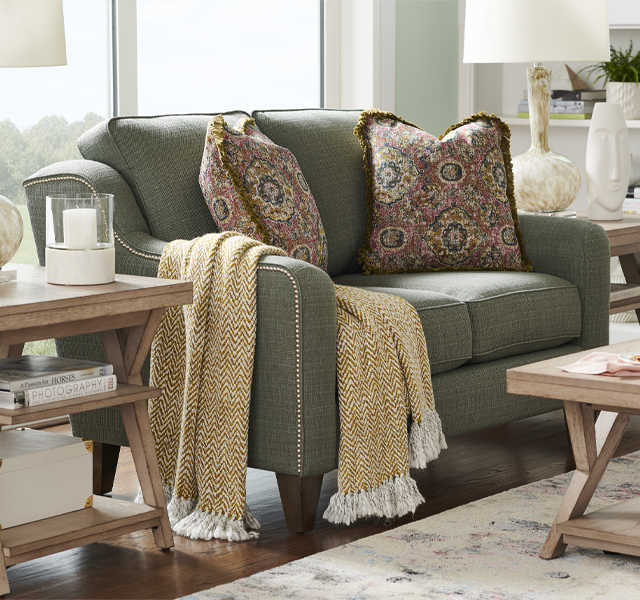 Living room with Talbot Sofa, custom colors, patterns and textures