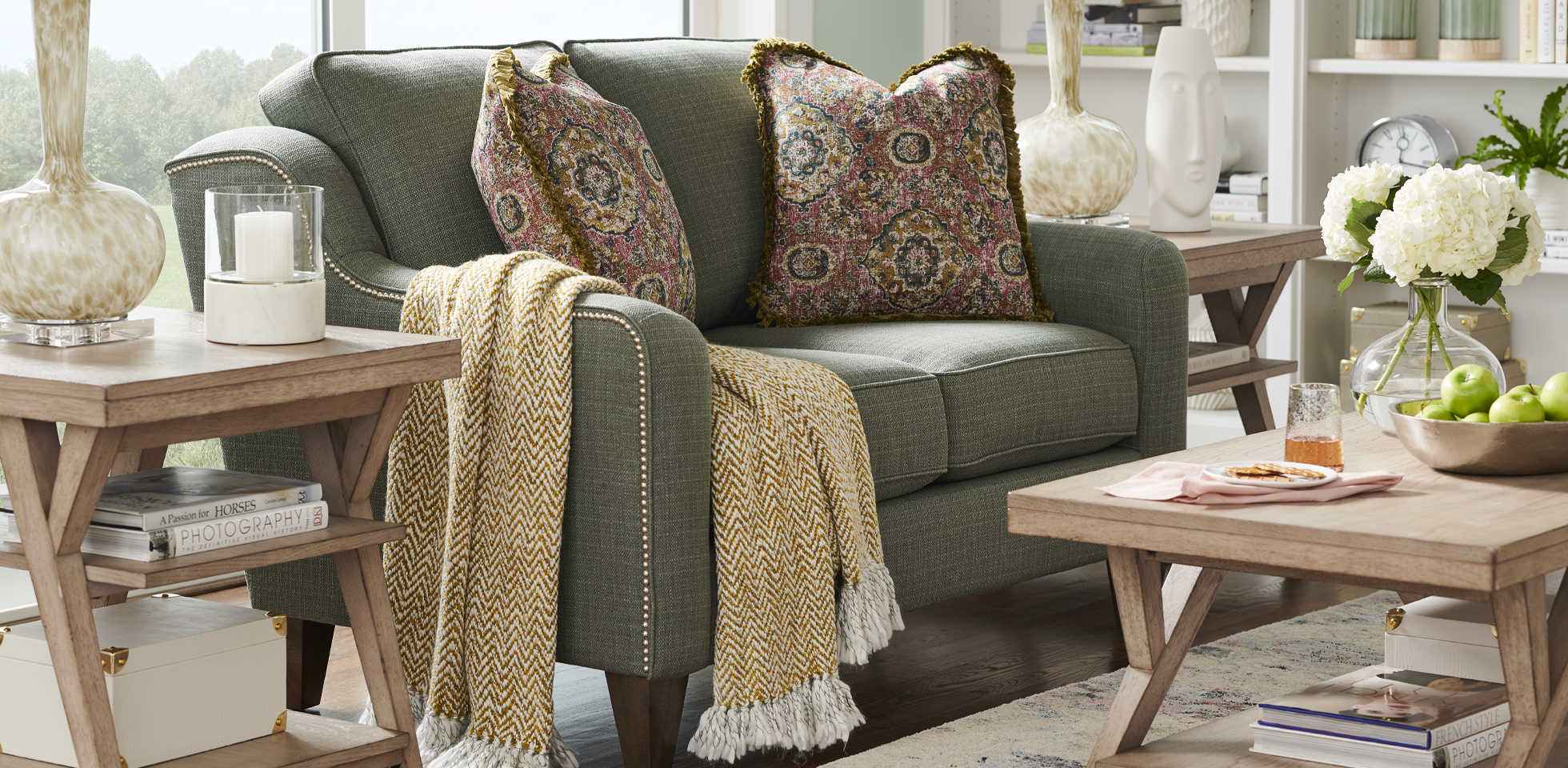 Living room with Talbot Sofa, custom colors, patterns and textures