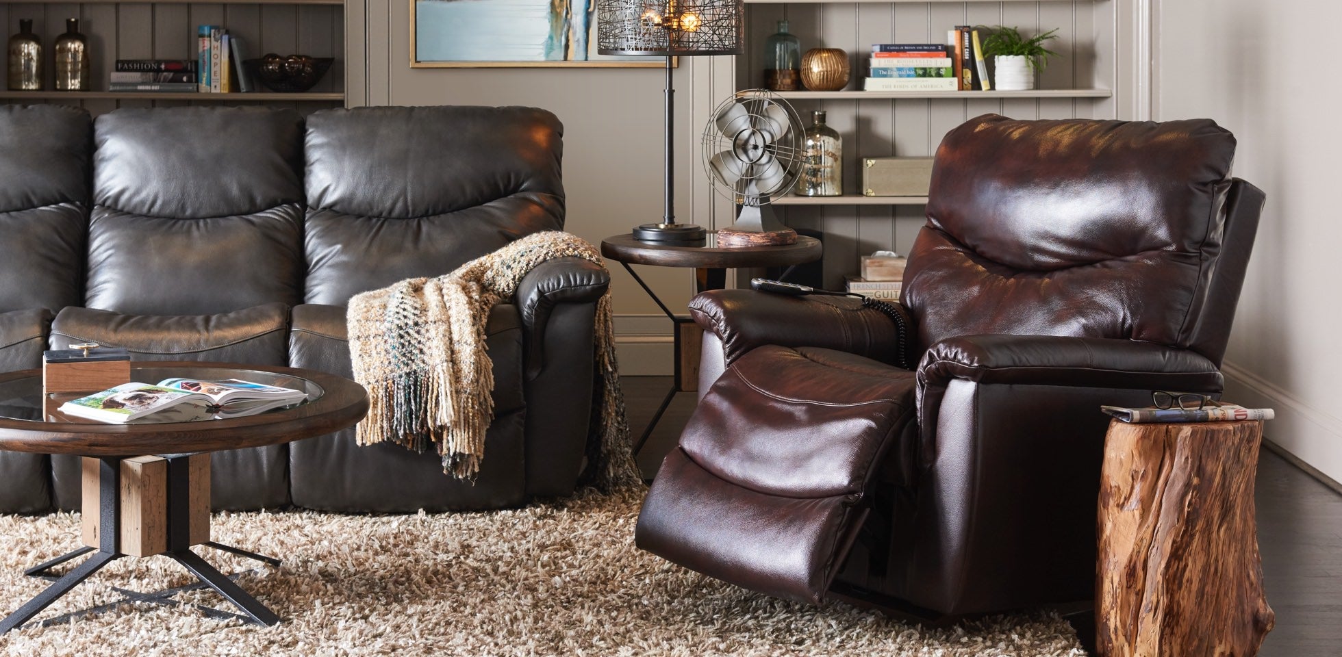 Living room with James Power Rocking Recliner and Power Reclining Sofa